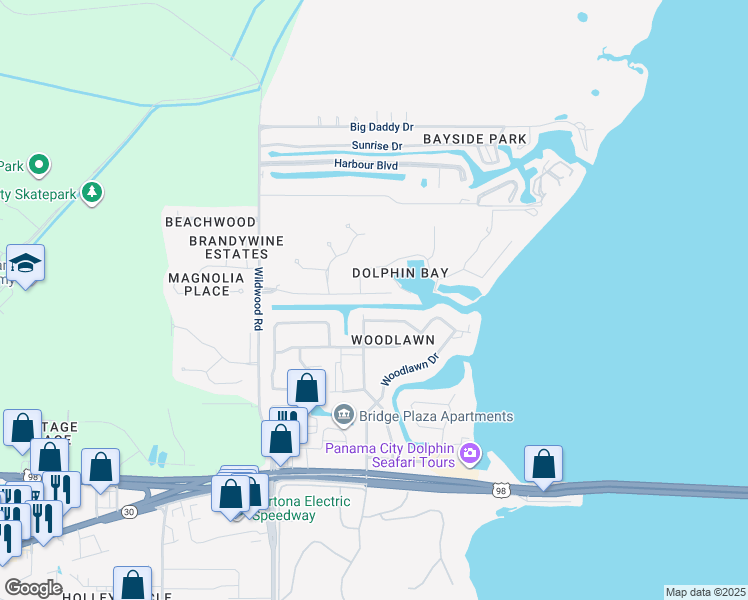 map of restaurants, bars, coffee shops, grocery stores, and more near 7131 Dolphin Bay Boulevard in Panama City Beach