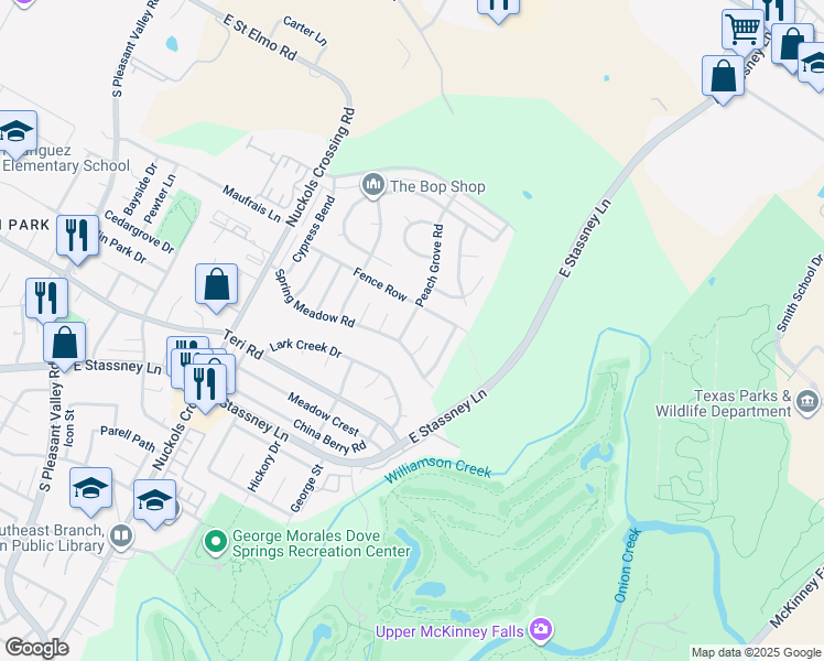 map of restaurants, bars, coffee shops, grocery stores, and more near 4805 Peach Grove Road in Austin