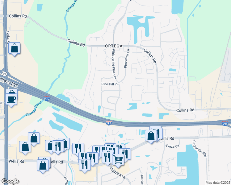 map of restaurants, bars, coffee shops, grocery stores, and more near 5544 Greatpine Lane North in Jacksonville