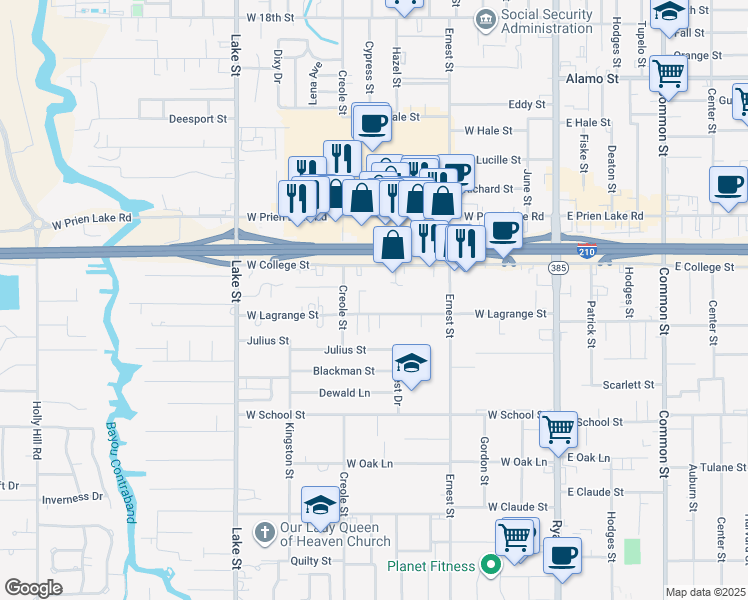 map of restaurants, bars, coffee shops, grocery stores, and more near 502 West Lagrange Street in Lake Charles