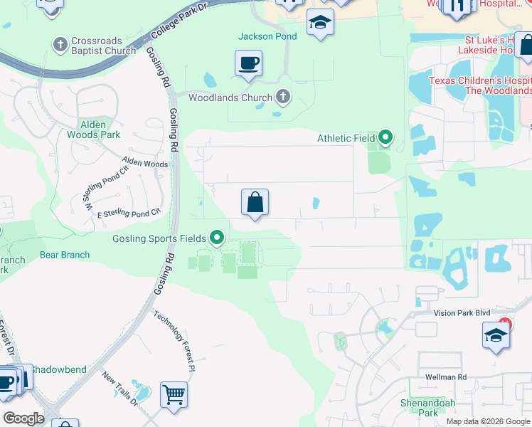 map of restaurants, bars, coffee shops, grocery stores, and more near 2500 Southline Road in Conroe