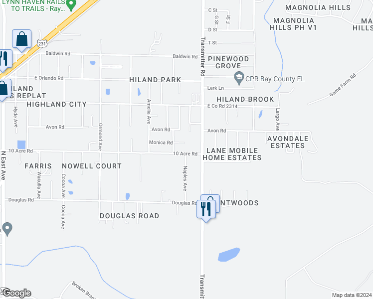 map of restaurants, bars, coffee shops, grocery stores, and more near 3423 10 Acre Road in Panama City