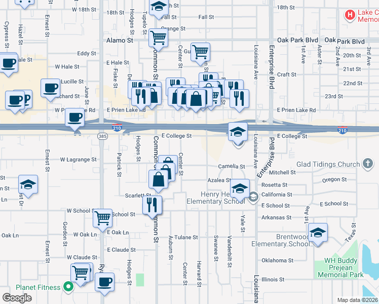 map of restaurants, bars, coffee shops, grocery stores, and more near 3435 Center Street in Lake Charles