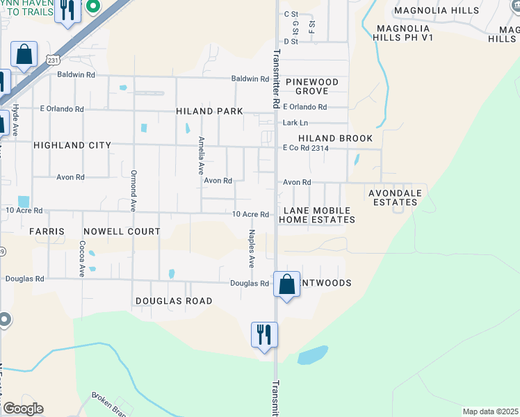 map of restaurants, bars, coffee shops, grocery stores, and more near 3431 10 Acre Road in Panama City