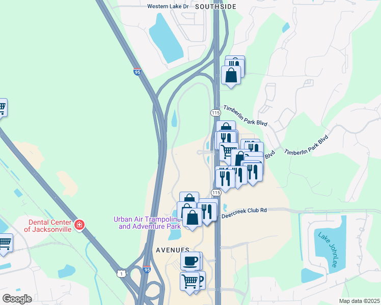 map of restaurants, bars, coffee shops, grocery stores, and more near 9000 Southside Boulevard in Jacksonville