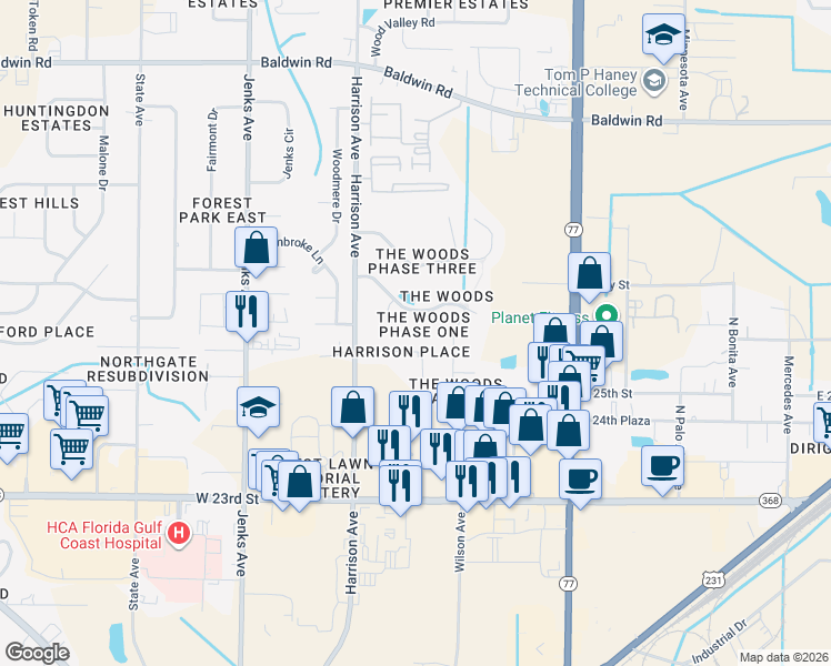 map of restaurants, bars, coffee shops, grocery stores, and more near 2601 Bayleaf Court in Panama City