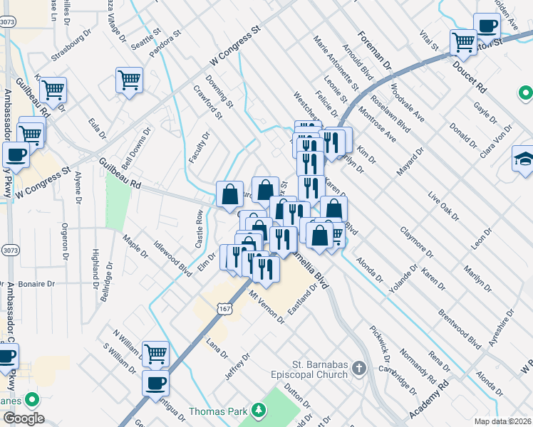 map of restaurants, bars, coffee shops, grocery stores, and more near 110 Guilbeau Road in Lafayette