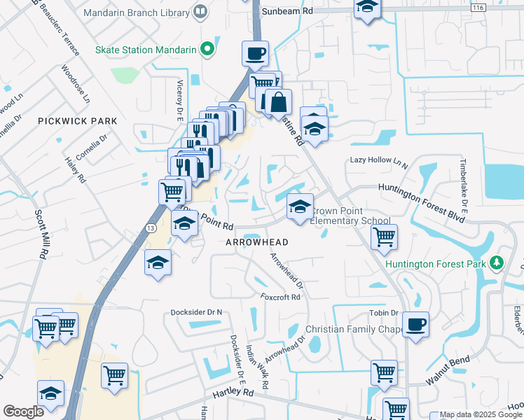 map of restaurants, bars, coffee shops, grocery stores, and more near 3801 Crown Point Road in Jacksonville