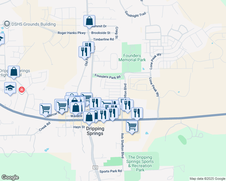 map of restaurants, bars, coffee shops, grocery stores, and more near 203 Diamond Point Drive in Dripping Springs