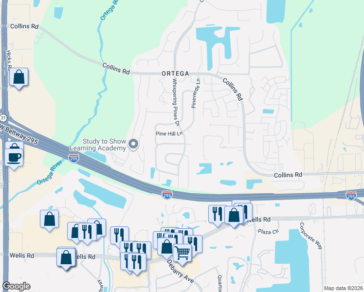 map of restaurants, bars, coffee shops, grocery stores, and more near 5553 Pinebay Circle North in Jacksonville