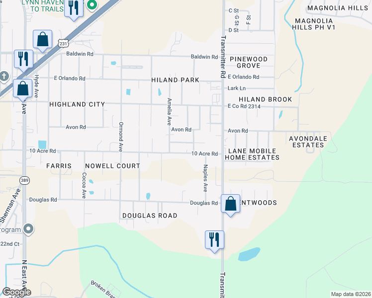 map of restaurants, bars, coffee shops, grocery stores, and more near 3329 10 Acre Road in Panama City