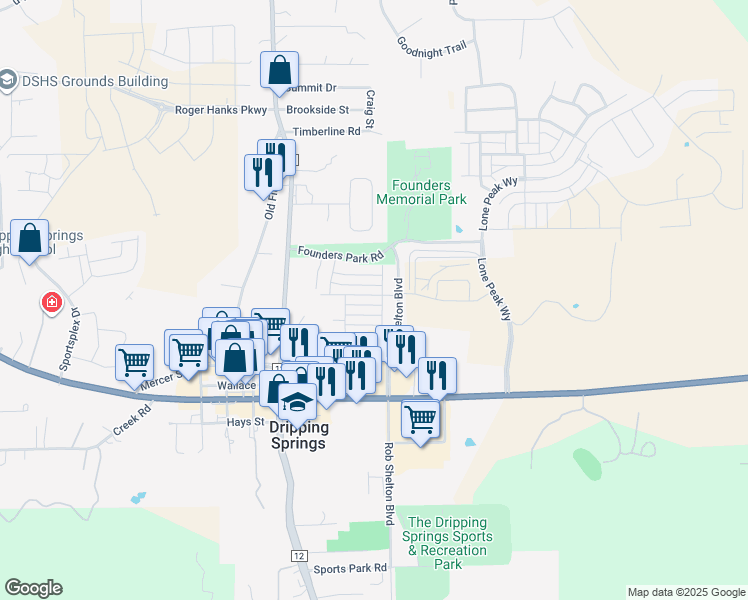 map of restaurants, bars, coffee shops, grocery stores, and more near 163 Diamond Point Drive in Dripping Springs