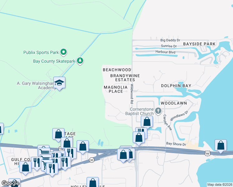 map of restaurants, bars, coffee shops, grocery stores, and more near 7125 Melissa Elaine Drive in Panama City Beach