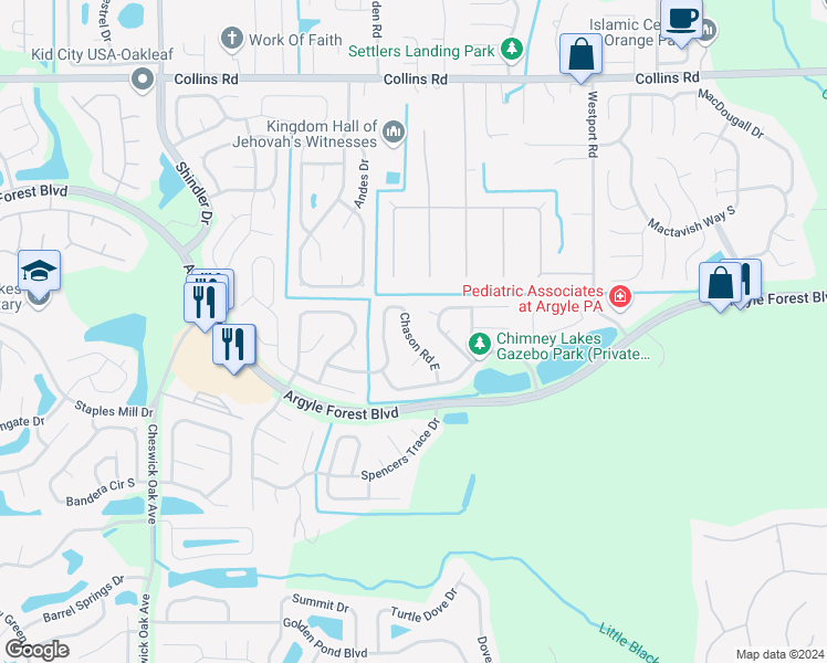 map of restaurants, bars, coffee shops, grocery stores, and more near 8337 Chason Road East in Jacksonville