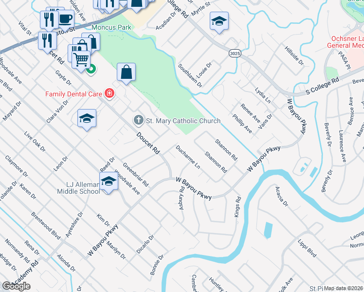 map of restaurants, bars, coffee shops, grocery stores, and more near 205 Ducharme Lane in Lafayette