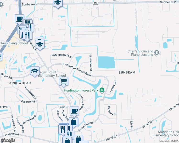 map of restaurants, bars, coffee shops, grocery stores, and more near 9970 Timberlake Drive East in Jacksonville