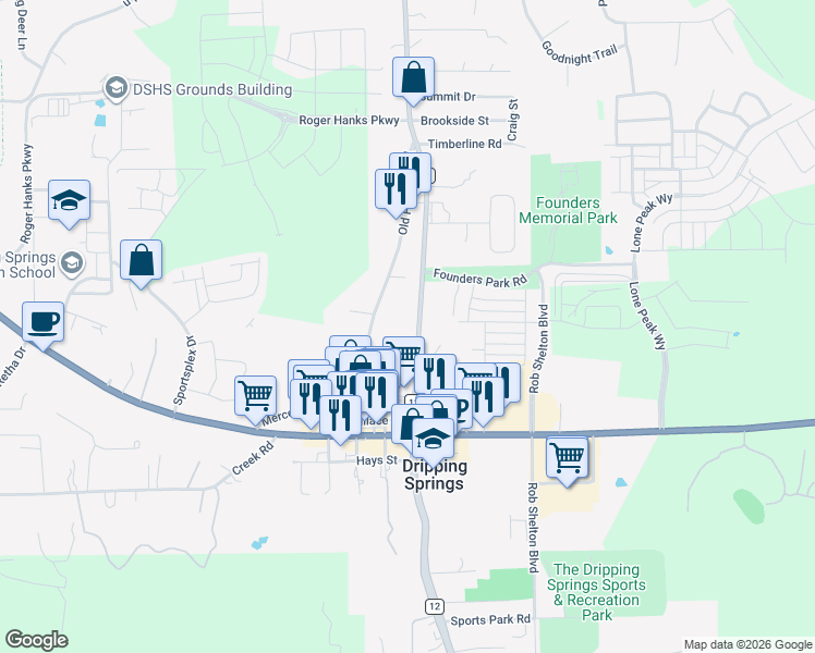 map of restaurants, bars, coffee shops, grocery stores, and more near 27005 Ranch Road 12 in Dripping Springs