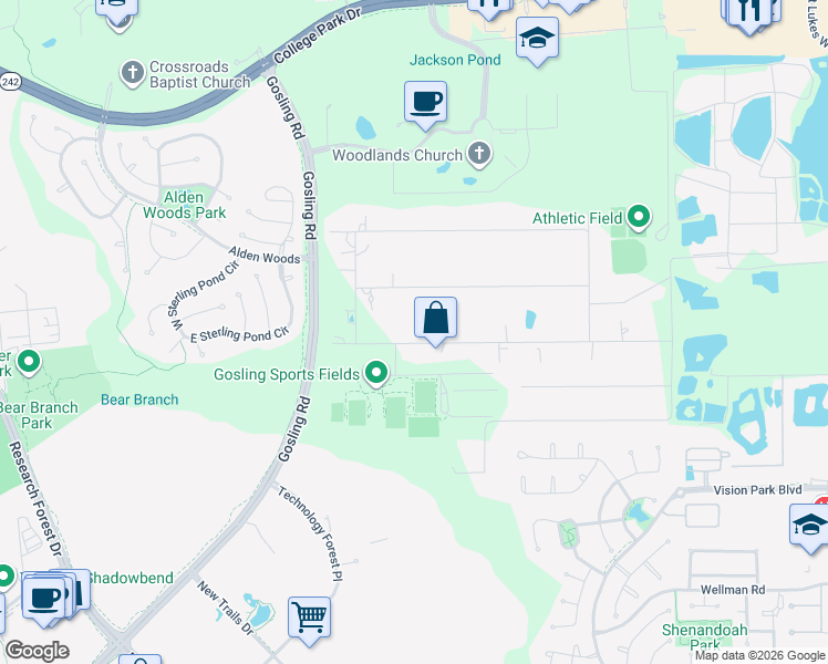 map of restaurants, bars, coffee shops, grocery stores, and more near 2524 Southline Road in Conroe