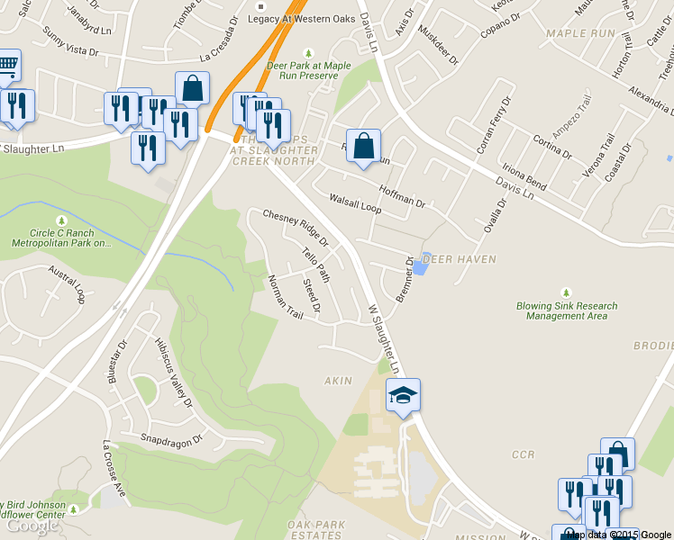 map of restaurants, bars, coffee shops, grocery stores, and more near 4509 Chesney Ridge Drive in Austin