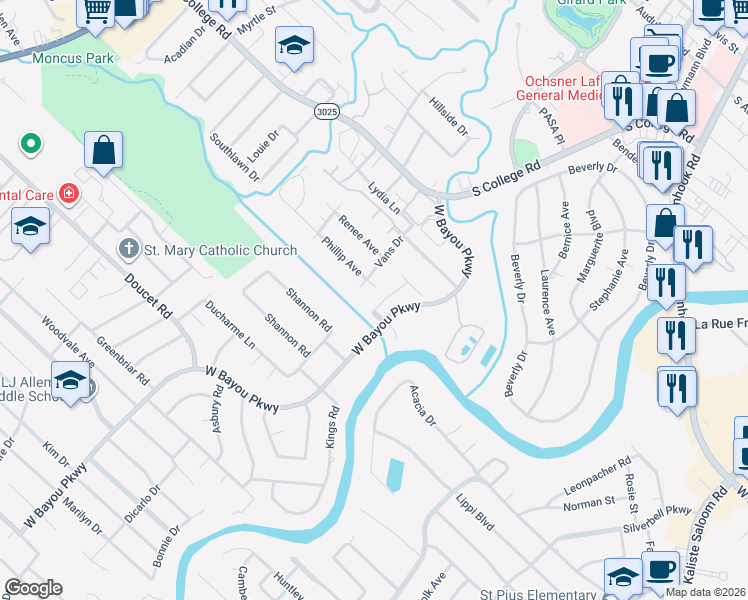 map of restaurants, bars, coffee shops, grocery stores, and more near 101 Riverbriar Road in Lafayette