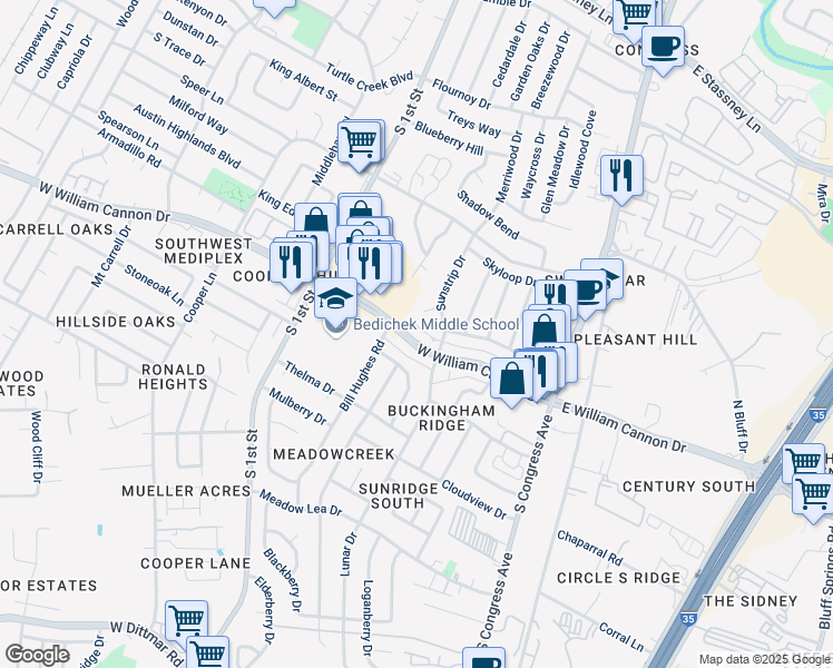 map of restaurants, bars, coffee shops, grocery stores, and more near 308 West William Cannon Drive in Austin