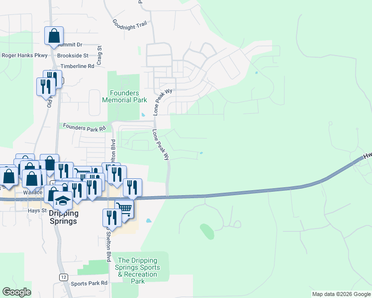 map of restaurants, bars, coffee shops, grocery stores, and more near Cannon Ranch Road in Dripping Springs