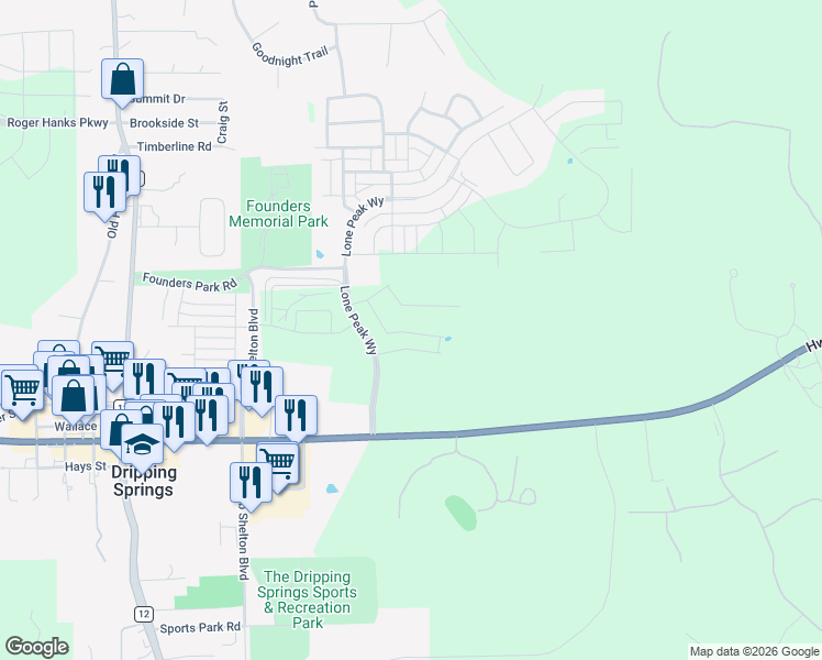 map of restaurants, bars, coffee shops, grocery stores, and more near Cannon Ranch Road in Dripping Springs