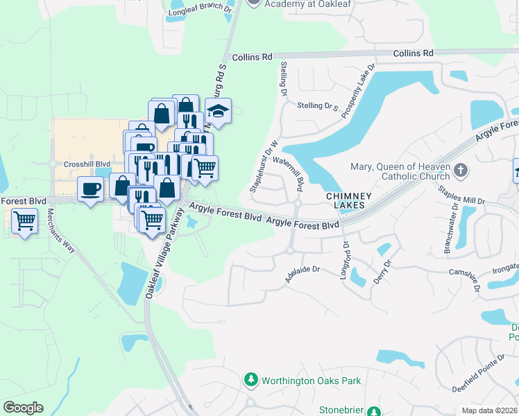 map of restaurants, bars, coffee shops, grocery stores, and more near 9448 Staplehurst Drive South in Jacksonville