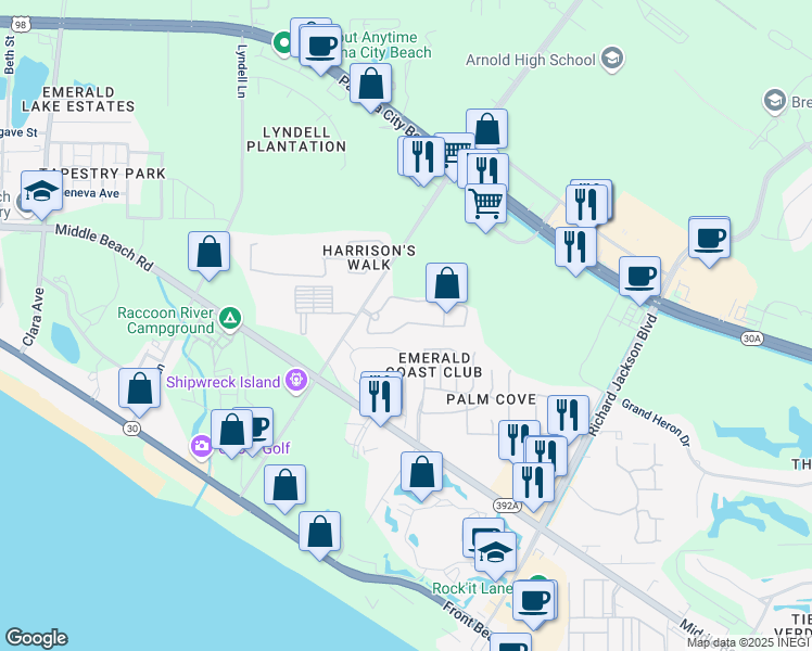 Hunt Club Cir Panama City Beach Fl Walk Score Map Of Restaurants Bars Coffee S Grocery Ore Near Hunt