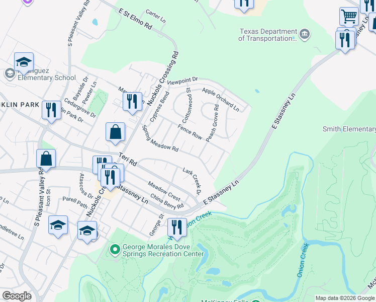 map of restaurants, bars, coffee shops, grocery stores, and more near 5605 Spring Meadow Road in Austin