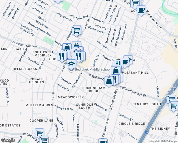 map of restaurants, bars, coffee shops, grocery stores, and more near 308 West William Cannon Drive in Austin