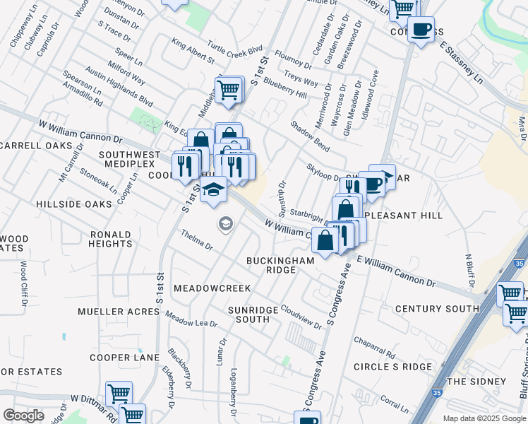 map of restaurants, bars, coffee shops, grocery stores, and more near 308 West William Cannon Drive in Austin