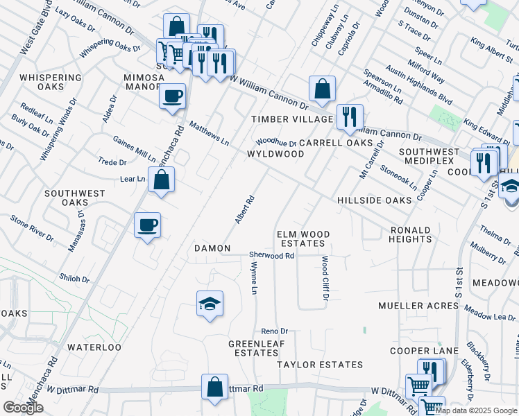 map of restaurants, bars, coffee shops, grocery stores, and more near 7407 Albert Road in Austin