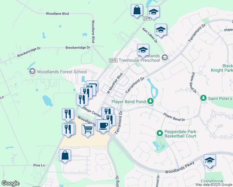 map of restaurants, bars, coffee shops, grocery stores, and more near 27 Fillgrove Place in Spring