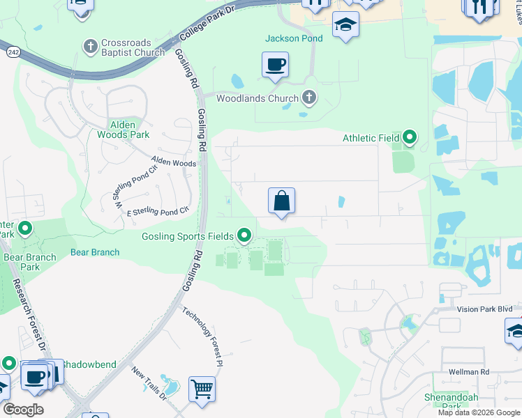 map of restaurants, bars, coffee shops, grocery stores, and more near 2524 Southline Road in Conroe