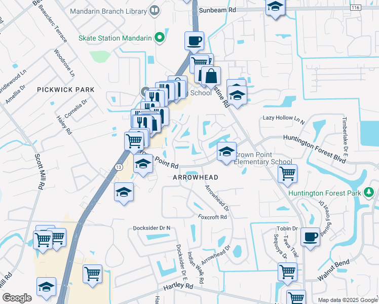 map of restaurants, bars, coffee shops, grocery stores, and more near 9957 Moorings Drive in Jacksonville