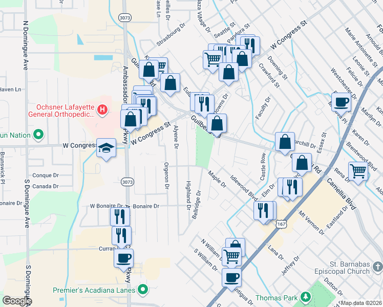 map of restaurants, bars, coffee shops, grocery stores, and more near 125 Highland Drive in Lafayette