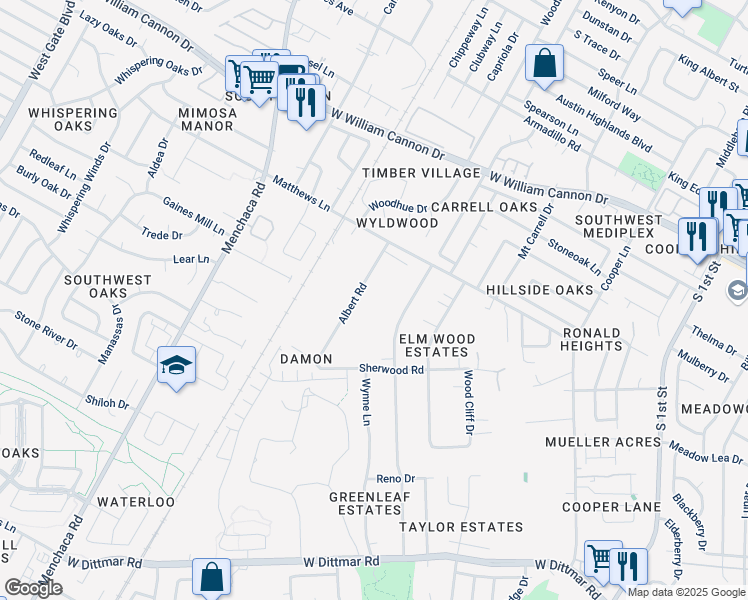 map of restaurants, bars, coffee shops, grocery stores, and more near 7407 Albert Road in Austin