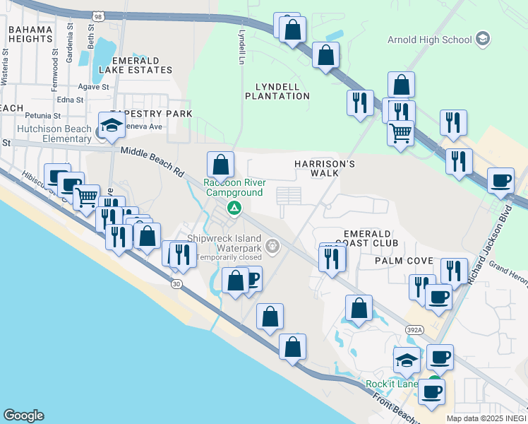 map of restaurants, bars, coffee shops, grocery stores, and more near 12202 Hutchison Boulevard in Panama City Beach