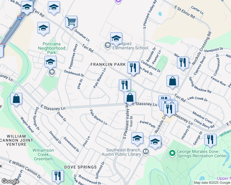 map of restaurants, bars, coffee shops, grocery stores, and more near 2505 Village Trail Circle in Austin