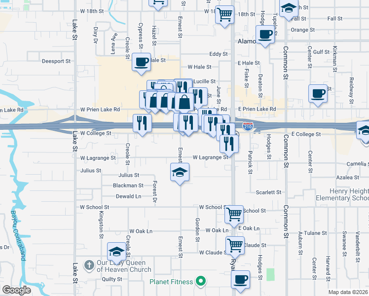 map of restaurants, bars, coffee shops, grocery stores, and more near 3412 Ernest Street in Lake Charles