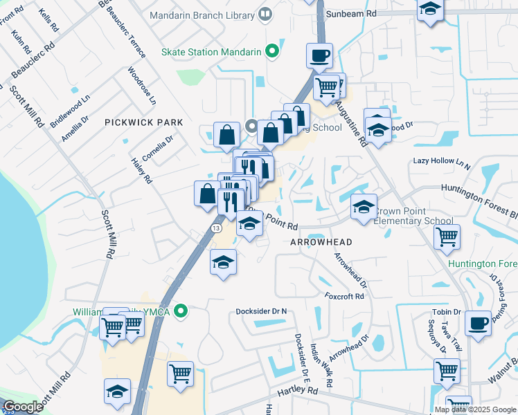 map of restaurants, bars, coffee shops, grocery stores, and more near 3633 Crown Point Road in Jacksonville