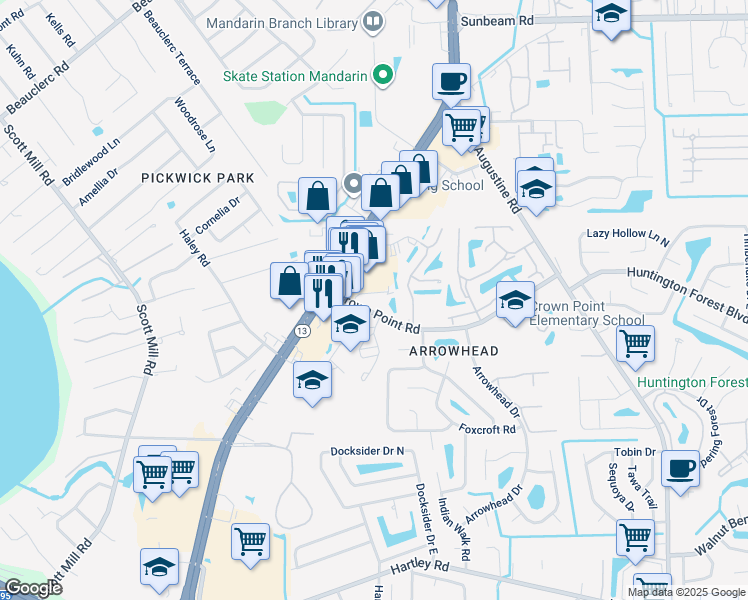 map of restaurants, bars, coffee shops, grocery stores, and more near 3633 Crown Point Road in Jacksonville