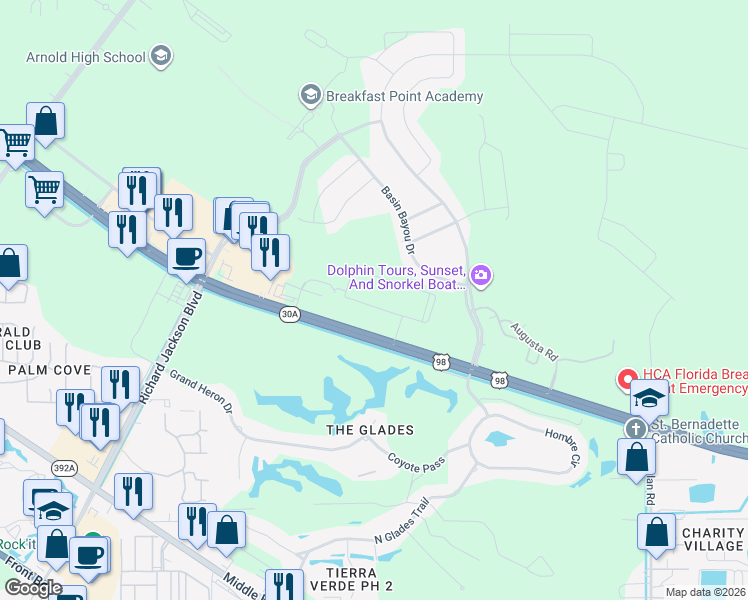 map of restaurants, bars, coffee shops, grocery stores, and more near 10800 Panama City Beach Parkway in Panama City Beach