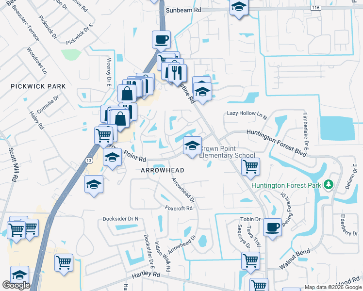 map of restaurants, bars, coffee shops, grocery stores, and more near 3807 Crown Point Road in Jacksonville