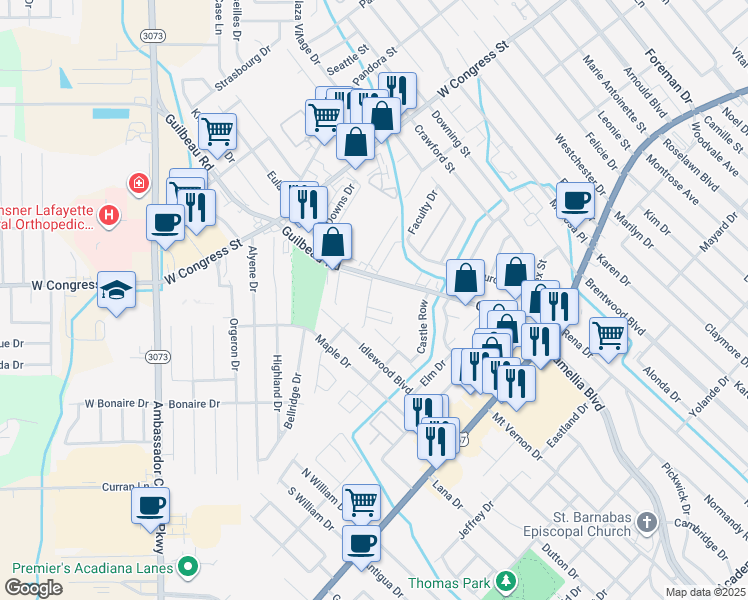 map of restaurants, bars, coffee shops, grocery stores, and more near 315 Guilbeau Road in Lafayette