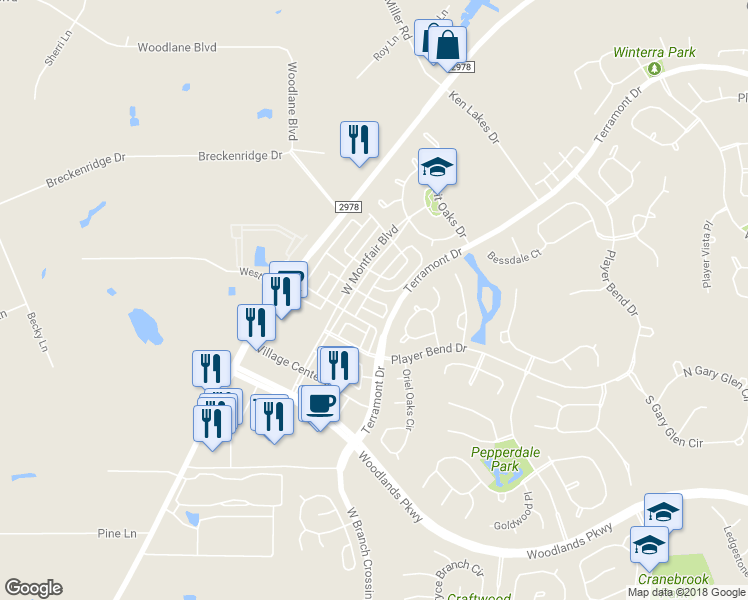 map of restaurants, bars, coffee shops, grocery stores, and more near 22 Fillgrove Place in Spring