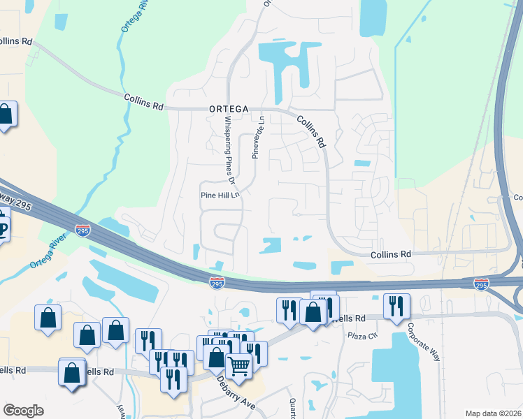 map of restaurants, bars, coffee shops, grocery stores, and more near 5412 Greatpine Lane North in Jacksonville