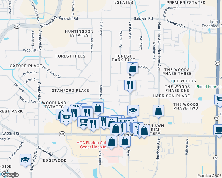 map of restaurants, bars, coffee shops, grocery stores, and more near 606 Frederick Street in Panama City