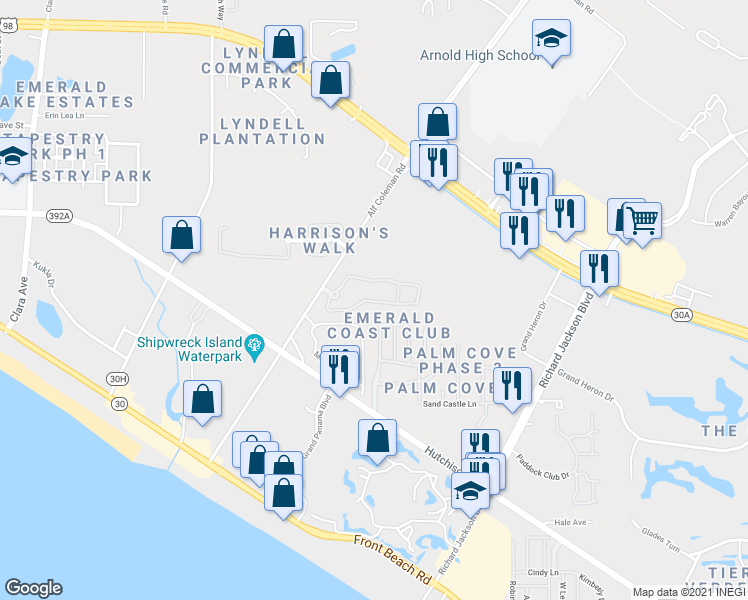 map of restaurants, bars, coffee shops, grocery stores, and more near Hunt Club Circle in Panama City Beach